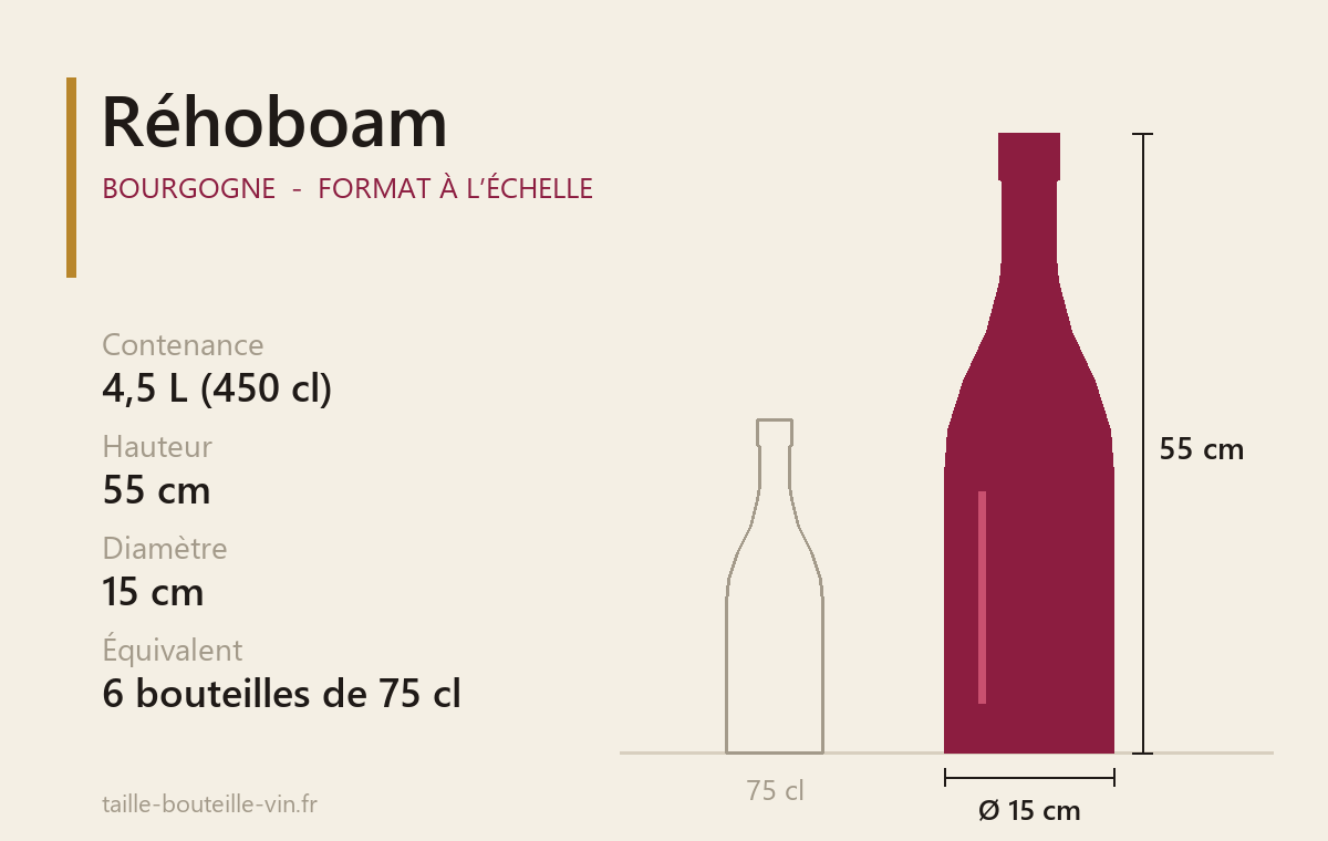 Schéma à l’échelle du Réhoboam (Bourgogne) : 4,5 L, 55 cm de haut, 15 cm de diamètre