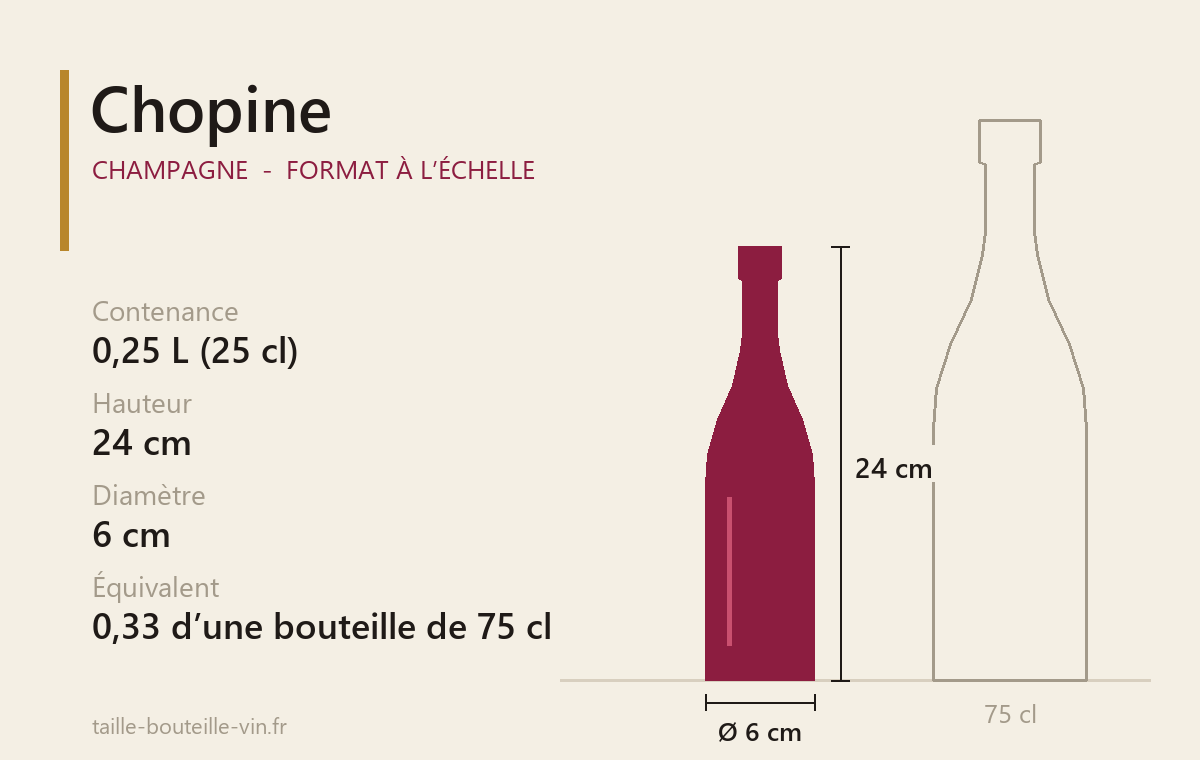 Schéma à l’échelle du Chopine (Champagne) : 0,25 L, 24 cm de haut, 6 cm de diamètre