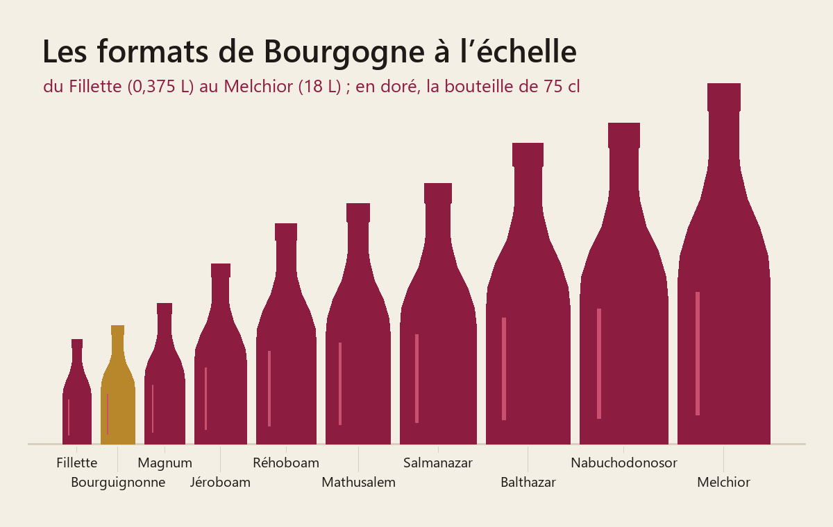 Les formats de bouteilles de Bourgogne alignés à la même échelle